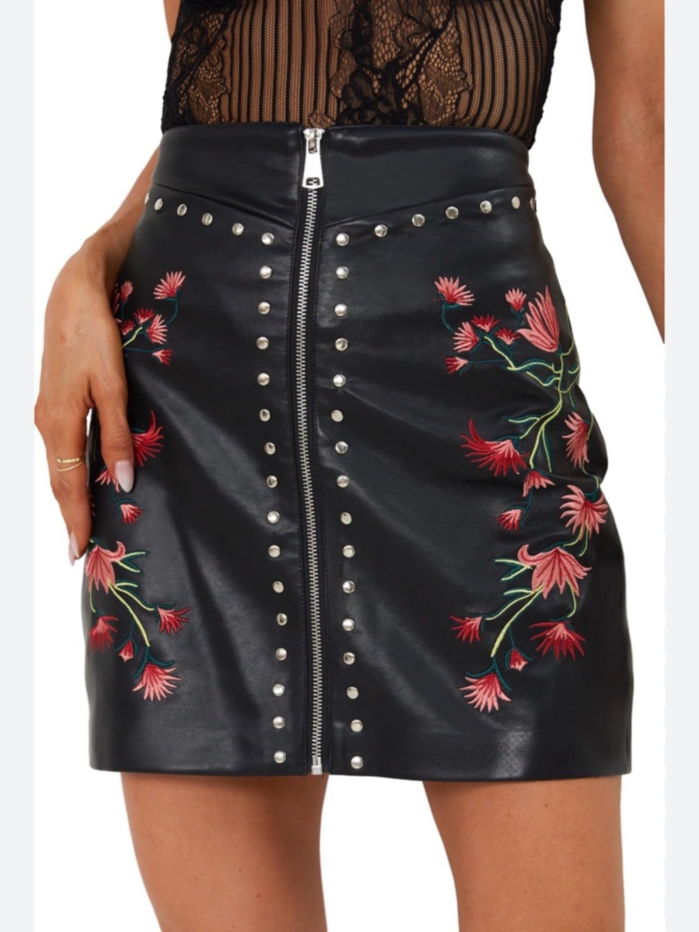 Black Faux Leather Embroidered Zip-Front Mini Skirt
